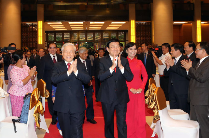 Tổng bí thư Nguyễn Phú Trọng, Chủ tịch nước Trương Tấn Sang cùng lãnh đạo Đảng, Nhà nước tại buổi tiệc chiêu đãi - Ảnh: TTXVN
