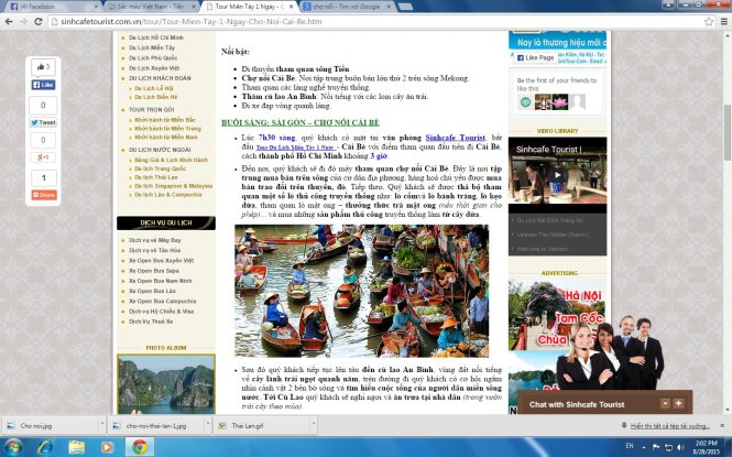 Trang của Sinhcafe Tourist vẫn sử dụng hình ảnh chợ nổi Thái Lan quảng bá cho tour chợ nổi Cái Bè