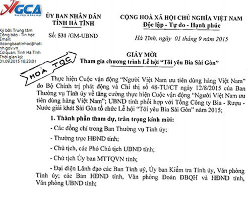 Ảnh giấy mời của Chánh văn phòng UBND tỉnh Hà Tĩnh dùng dấu hỏa tốc yêu cầu lãnh đạo tham dự lễ hội bia