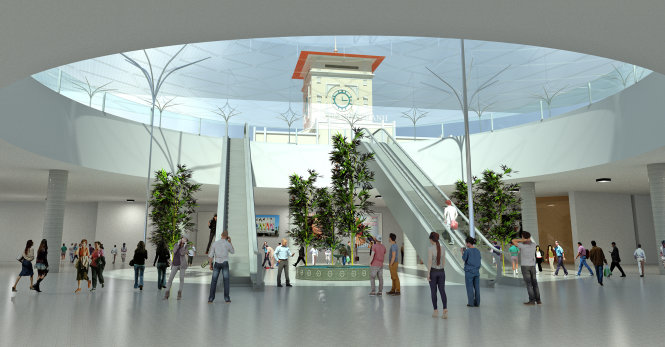 Phác thảo 3D tầng 1 metro ga Bến Thành, cổng đi từ chợ Bến Thành vào Đồ họa: Đ.A.Kiệt