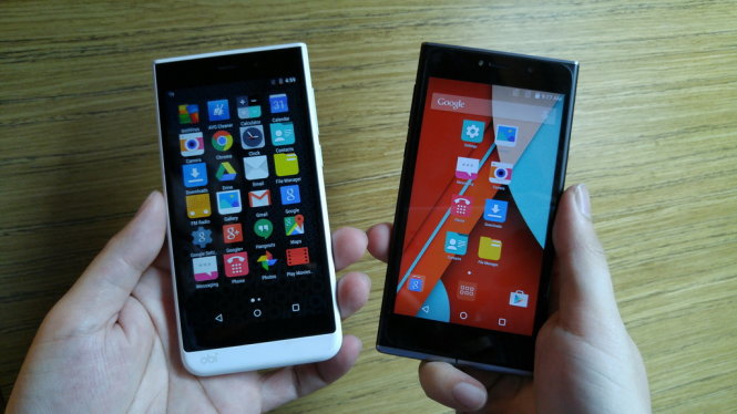 Hai đại diện đầu tiên của Obi Worldphone gồm SJ1.5 (trái) và SF1 ra mắt tại VN ngày 9-9 - Ảnh: T.Trực