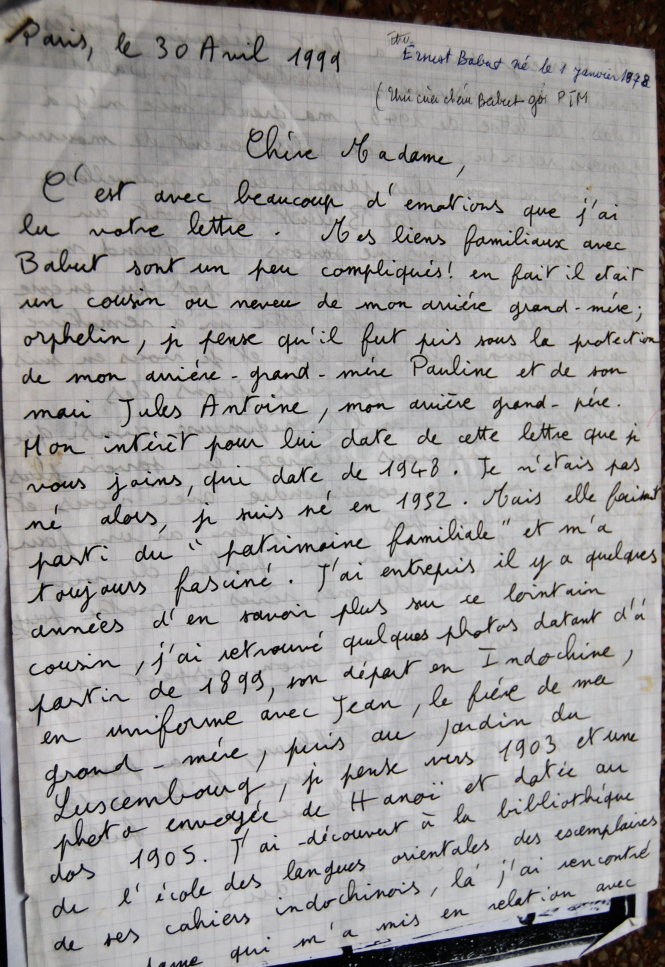 Thư viết tay của Daniel Danzon, người thân duy nhất của Babut được biết đến, gửi bà Lê Thị Kinh hồi năm 1999 nói về việc gia đình ông mất thông tin về Babut từ cuối năm 1948 đến nay