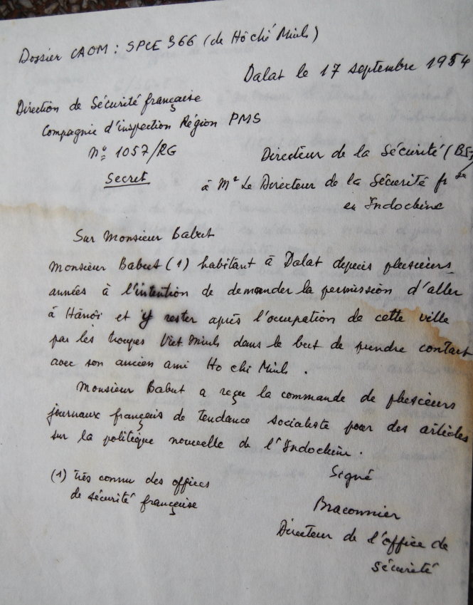 Bản báo cáo mật về Babut ngày 17-9-1954 của sở chỉ huy cơ quan an ninh Pháp gửi trưởng cơ quan an ninh Pháp tại Đông Dương, là một trong ba báo cáo cuối cùng về Babut được bà Lê Thị Kinh sưu tầm. Bà Kinh phải chép tay chứ không được phép sao chụp bằng máy