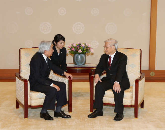 Sáng 16-9-2015 tại hoàng cung ở thủ đô Tokyo, Tổng bí thư Nguyễn Phú Trọng hội kiến Nhật hoàng Akihito - Ảnh: TTXVN