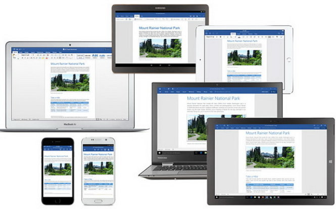 Office 2016 dùng cho nhiều dạng thiết bị gồm máy tính Windows, Mac hay thiết bị di động như điện thoại thông minh (smartphone) và máy tính bảng (tablet) - Ảnh: Microsoft