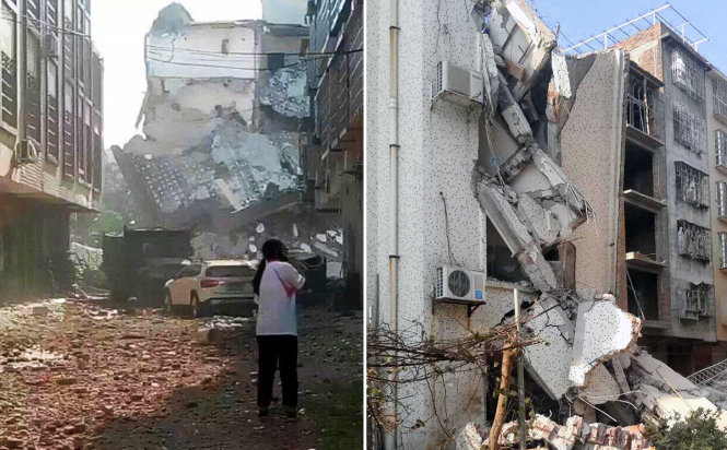 Những tòa nhà bị sập do nổ bom - Ảnh: Weibo