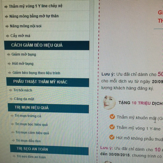 Ảnh chụp quảng cáo trên website của một thẩm mỹ viện ở Hà Nội ngày 1-10. Nhiều dịch vụ như nâng mông, hút mỡ bụng, căng da mặt bị cấm thực hiện tại thẩm mỹ viện    - Ảnh: Lan Anh
