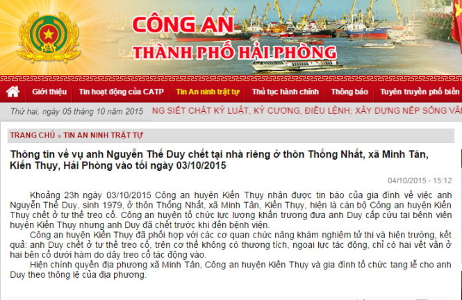 Bản tin thông báo về vụ việc trên Cổng thông tin điện tử Công an Hải Phòng