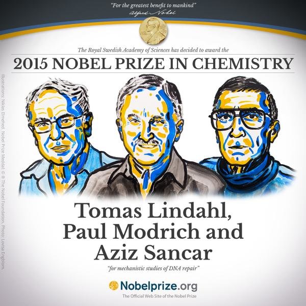 Nobel hóa học 2015 vinh danh ba nhà khoa học Tomas Lindahl, Paul Modrich và Aziz Sancar - Ảnh: Nobelprize.ogr
