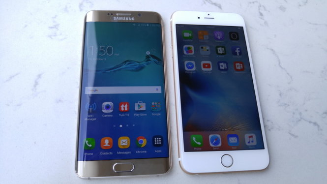 Galaxy S6 Edge+ (trái) với màn hình 5,7-inch cong tràn hai cạnh bên, độ phân giải Quad HD Super AMOLED và iPhone 6S Plus (phải) màn hình 5,5-inch Retina Display - Ảnh: Thanh Trực