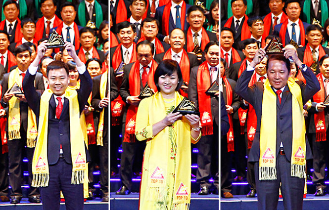 Các gương mặt doanh nhân tiêu biểu Top 10 được trao giải thưởng Sao vàng đất Việt 2015 - Ảnh: Nam Trần