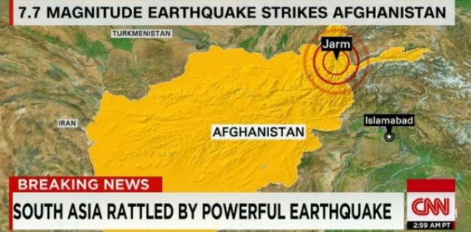 Tâm chấn động đất vừa xảy ra ở Afghanistan nằm ở thị trấn Jarm, gần biên giới Afghanistan - Pakistan