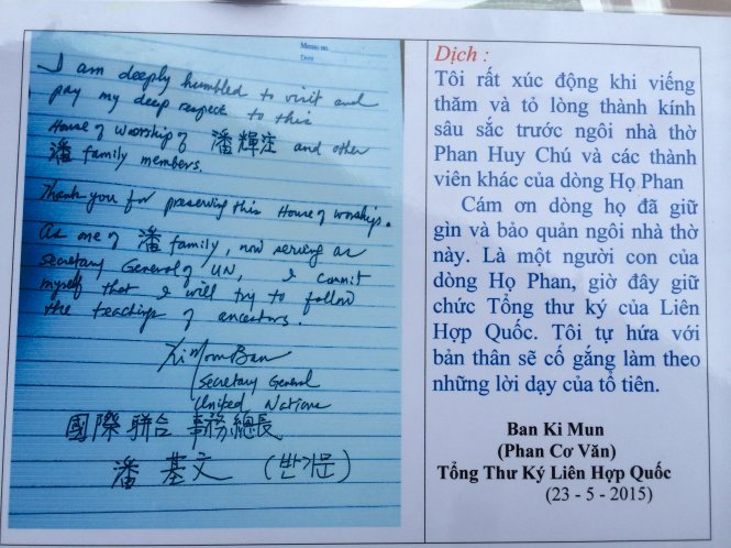 Thủ bút của ông Ban Ki Moon trong sổ lưu niệm tại nhà thờ họ Phan Huy - Ảnh: CTV