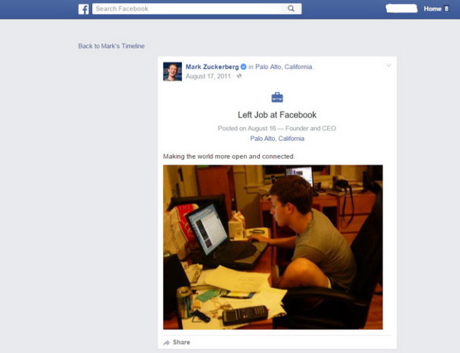 Thử nghiệm một liên kết cập nhật thông báo công việc của Giám đốc điều hành Facebook Mark Zuckerberg bị 