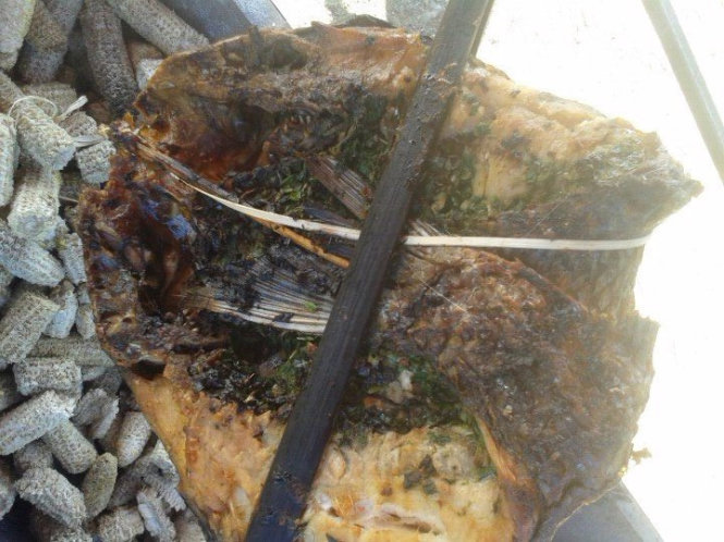 Đồng bào dùng tre để kẹp cá khi nướng - Ảnh: Nguyễn Hương
