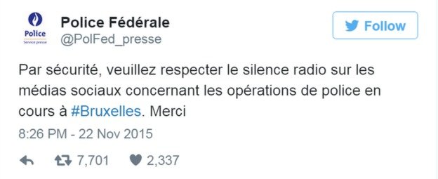 Lời kêu gọi người dân không thảo luận và chia sẻ thông tin về hoạt động của cảnh sát trên trang Twitter của cảnh sát liên bang Bỉ - Ảnh: Twitter