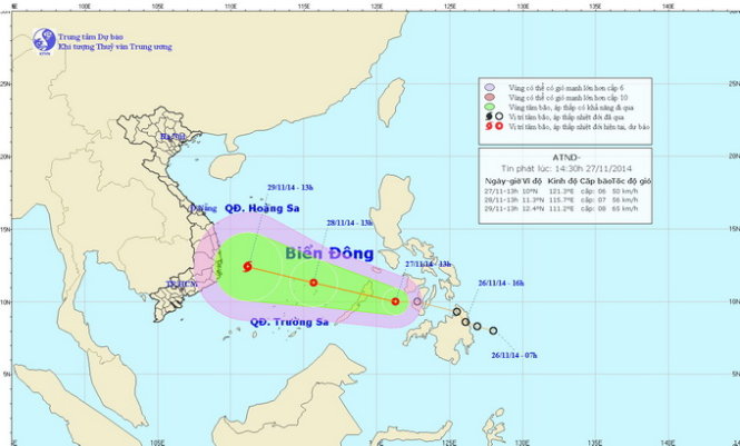 Vị trí và hướng di chuyển của áp thấp nhiệt đới lúc 14g30 ngày 27-11 - Nguồn: Trung tâm Dự báo khí tượng thủy văn trung ương