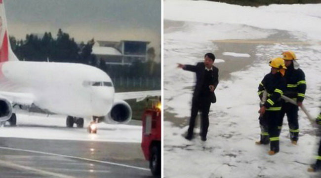 Do bị xịt bọt chữa cháy nhầm, các hành khách trên máy bay Fuzhou Airlines bị hoãn 10 tiếng - Ảnh: Weibo