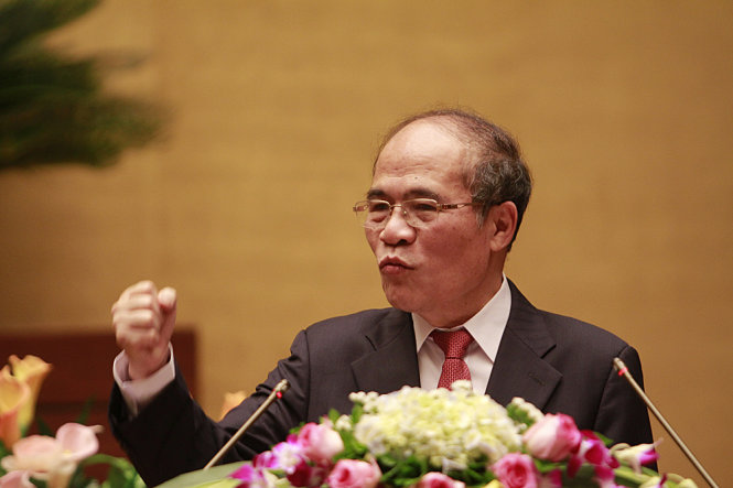 Chủ tịch Quốc hội Nguyễn Sinh Hùng phát biểu tại cuộc gặp gỡ  - Ảnh: Nam Trần