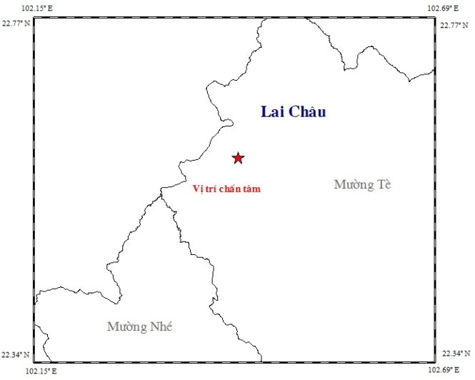 Vị trí xảy ra động đất tại huyện Mường Tè, Lai Châu ngày 14-12 - Ảnh: Trung tâm báo tin động đất và cảnh báo sóng thần