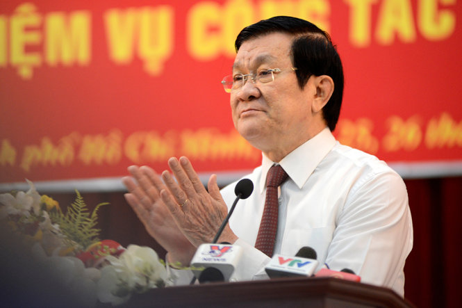 Chủ tịch nước Trương Tấn Sang Uỷ viên ban Bộ Chính trị ban Chấp hành trung ương Đảng phát biểu tại hội nghị sáng 25-12 - Ảnh: Duyên Phan