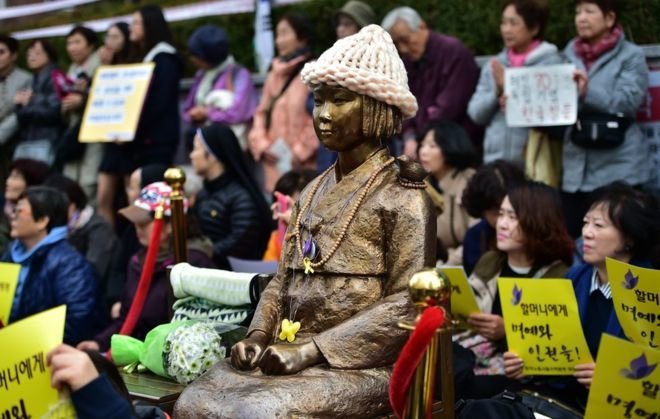 Bức tượng cô gái đại diện cho các nô lệ tình dục Hàn Quốc thời Thế chiến II trước cửa Đại sứ quán Nhật ở Seoul. Các cuộc biểu tình chống Nhật của người Hàn Quốc thường diễn ra tại đây - Ảnh: AFP