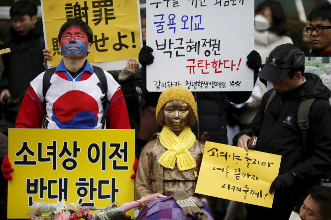 Người Hàn Quốc biểu tình phản đối Nhật ở khu vực đặt bức tượng đại diện các nô lê tình dục thời chiến - Ảnh: Reuters