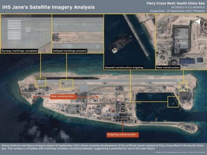 Hình ảnh vệ tinh cho thấy đường băng sân bay mà Trung Quốc xây dựng trên Đá Chữ Thập - Ảnh: IHS Jane's
