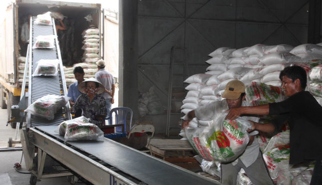 Vận chuyển gạo xuất khẩu tại một xí nghiệp chế biến lương thực cao cấp ở huyện Bình Chánh, TP.HCM - Ảnh: Đình Huệ