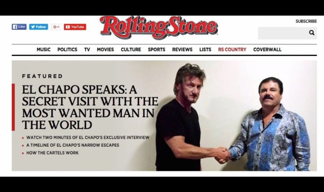 Tờ Rolling Stone trưng ảnh nam diễn viên Sean Penn (trái) bắt tay với trùm ma túy El Chapo trong lần gặp đầu tháng 10-2015 - Ảnh chụp lại màn hình