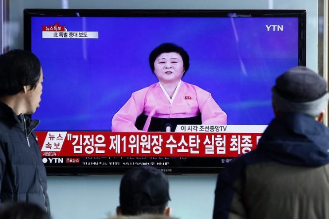 Hình ảnh đài truyền hình quốc gia của CHDCND Triều Tiên thông báo việc thử thành công bom H ngày 6-1 vừa qua - Ảnh: WSJ