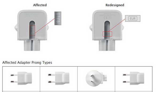 Đầu cắm thiết kế bị lỗi gây nguy cơ điện giật (bên trái / Affected) với dấu hiệu nhận dạng là 4 hoặc 5 hoặc không có ký tự nào trong khe rãnh. Và bên phải là đầu sạc mới thiết kế lại với dấu hiệu nhận dạng 3 ký tự mã vùng hay quốc gia. Bên dưới là bốn dạng đầu cắm sạc bị lỗi thiết kế tại các quốc gia như Hàn Quốc, Brazil, Úc, Argentina, New Zealand... - Ảnh: Apple.com