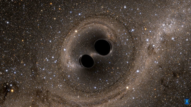Hình minh họa hai lỗ đen sáp nhập vào nhau, tạo ra sóng hấp dẫn - Ảnh: Reuters/LIGO/Caltech/MIT