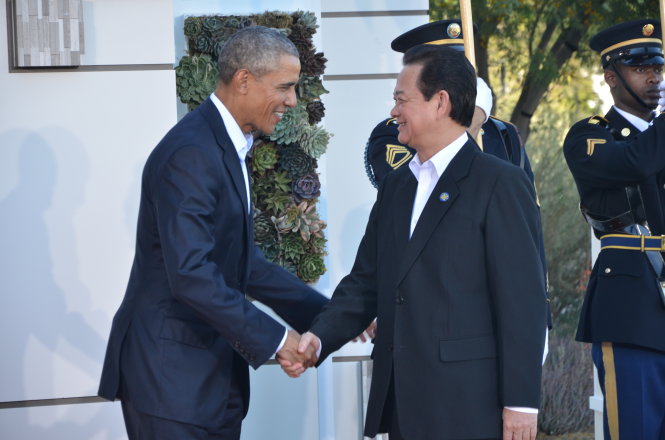 Tổng thống Barack Obama tiếp Thủ tướng Nguyễn Tấn Dũng tại Hội nghị cấp cao ASEAN - Mỹ ở Sunnylands ngày 16-2 (giờ VN) - Ảnh: Quỳnh Trung