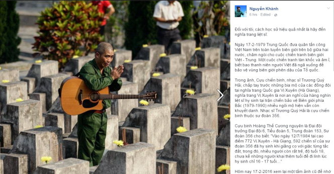 Cựu chiến binh, nhạc sĩ Trương Quý Hải, chắp tay trước những bia mộ của các đồng đội tại nghĩa trang Quốc gia Vị Xuyên (Hà Giang), nghĩa trang Vị Xuyên là nơi an nghỉ của hàng nghìn liệt sĩ hy sinh tại trận chiến bảo vệ Biên giới phía Bắc (1979-1990) nhiều ngôi mộ hiện vẫn còn khuyết danh. Nhạc sĩ Trương Quý Hải là cựu chiến binh thuộc sư đoàn 356.