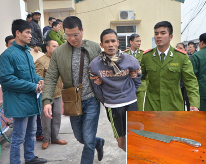 Cơ quan công an bắt giữ Phạm Văn Nguyên và con dao nhọn là vật Nguyên dùng khống chế cháu Sơn - Ảnh: Thu Hằng