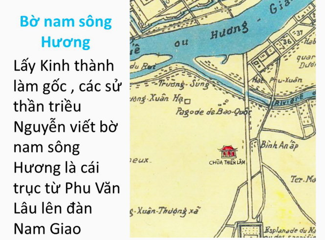Sơ đồ vị trí chùa Thiền Lâm trên trục Phu Văn Lâu - 
đàn Nam Giao - Ảnh do nhà nghiên cứu N.Đ.X. cung cấp