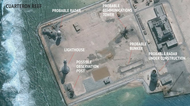 Các tháp radar Trung Quốc xây trái phép trên đảo nhân tạo ở biển Đông - Ảnh: CSIS