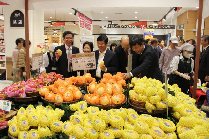 Một buổi giới thiệu xoài Việt Nam tại siêu thị Aeon (tỉnh Chiba, Nhật Bản) có sự tham dự của ông Nguyễn Trung Dũng (bìa trái) - tham tán công sứ Việt Nam tại Nhật, vào tháng 11-2015 - Ảnh: X.Toàn