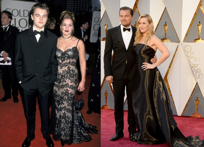Leonardo DiCaprio - Kate Winlet trên thảm đỏ năm 1998 (ảnh trái) và tại Oscar năm 2016 (ảnh phải).
