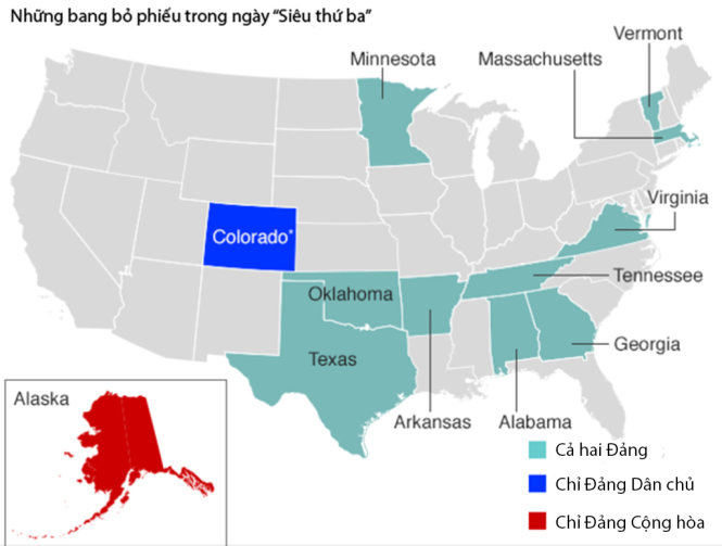 Sơ đồ các bang tại nước Mỹ tổ chức bỏ phiếu trong ngày 