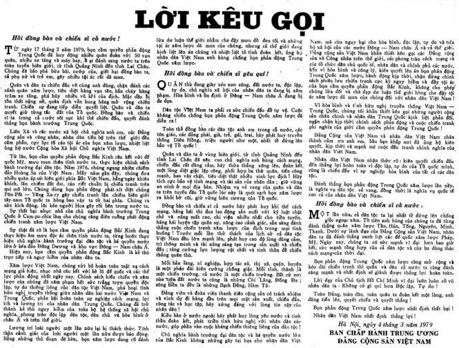 Toàn văn Lời kêu gọi của BCH TW Đảng ban bố ngày 4-3-1979 đăng trên báo Tuổi Trẻ ngày 9-3-1979