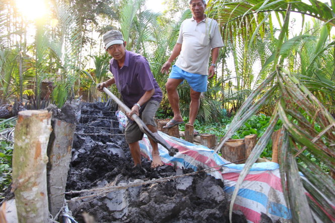Nông dân xã Xà Phiên (Long Mỹ, Hậu Giang) đắp đập ngăn nước mặn - Ảnh: Chí Quốc
