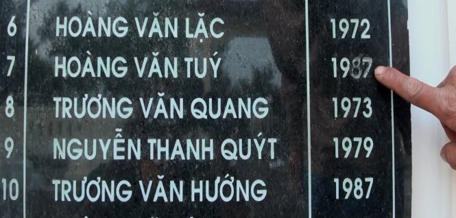 Trên bia tưởng niệm liệt sĩ tại nghĩa trang liệt sĩ xã Hải Ninh, năm hy sinh của hai liệt sĩ Gạc Ma đều bị ghi thành 1987 - Ảnh: Quốc Nam