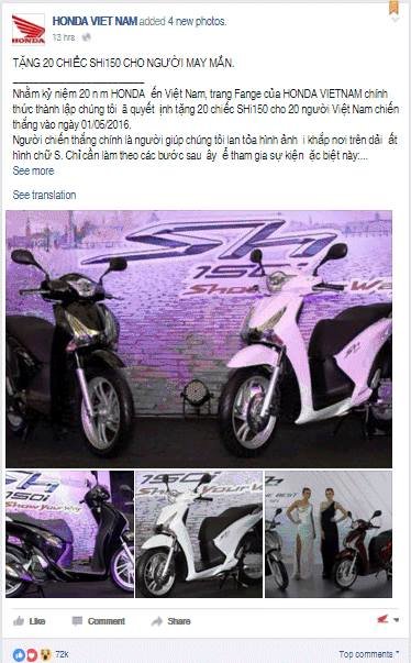 Chương trình trúng thưởng xe SH lừa đảo từ trang Hon Da Vietnam giả mạo trên Facebook - Ảnh chụp giao diện màn hình