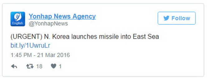 Thông tin vụ bắn tên lửa của Triều Tiên được Yonhap đưa lên mạng xã hội