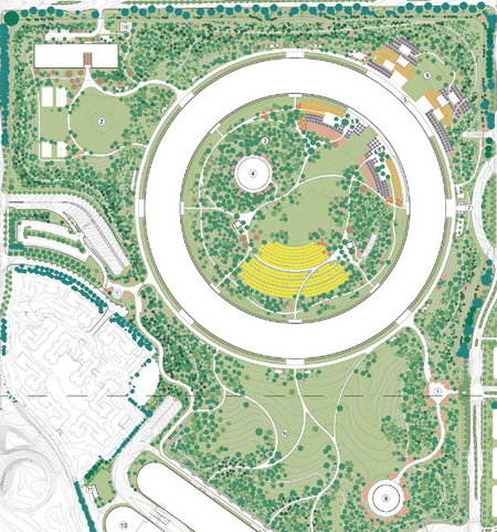 Vị trí các loại cây được chấm theo màu trên bảng vẽ thiết kế khuôn viên Phi thuyền - Ảnh: City of Cupertino