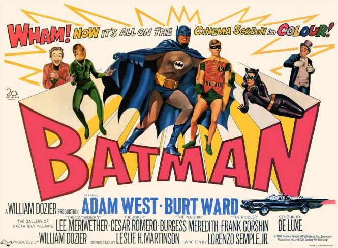 Bích chương Batman The Movie, phiên bản điện ảnh đầu tiên của Người Dơi năm 1966. Tuy nhiên phim bị chê bai thậm tệ. Ảnh Tư liệu.jpg