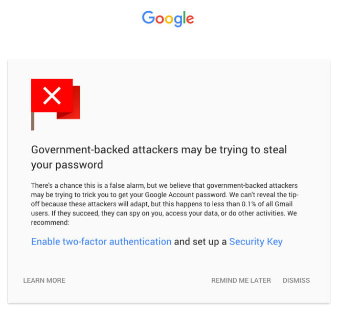 Mẫu cảnh báo mới của Google về việc tài khoản Gmail bị tin tặc do chính phủ bảo trợ tấn công - Ảnh: Neowin