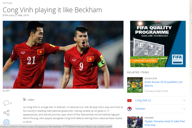 Bài viết trên trang chủ FIFA về tiền đạo Lê Công Vinh. Ảnh: Chụp từ màn hình